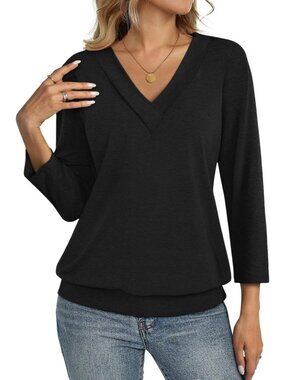 Women's Black V Neck Cotton Banded Bottom 3/4 Sleeve Shirt Summer Casual Blouses